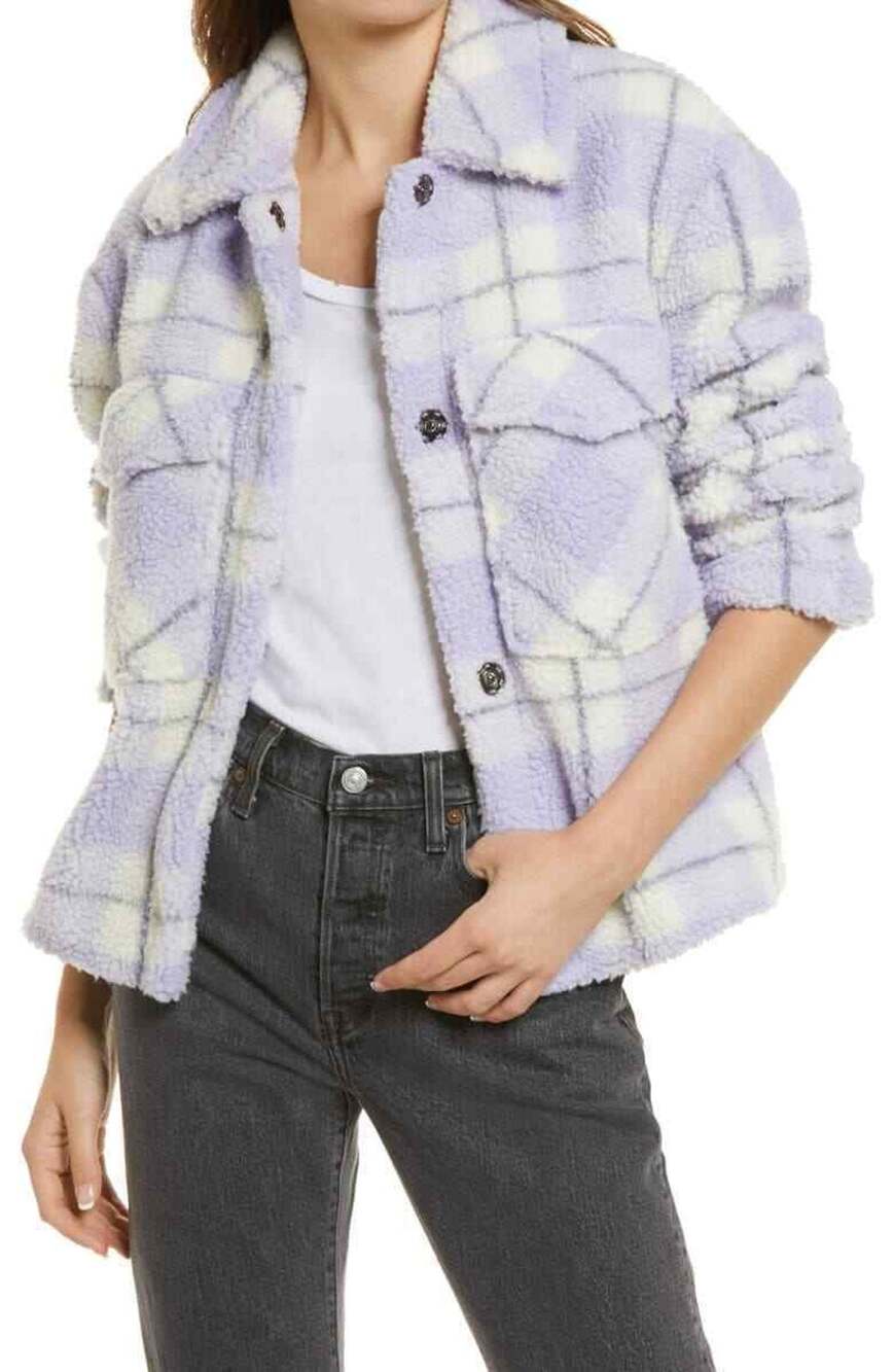 Avec Les Filles Womens Plaid Teddy Trucker Jacket Sz XS Layering Faux Shearling